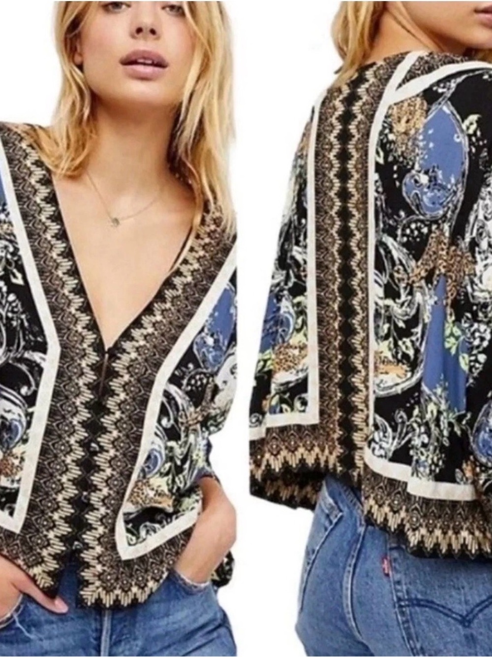 Free People Black Blue Multi Printed V-Neck Blouse